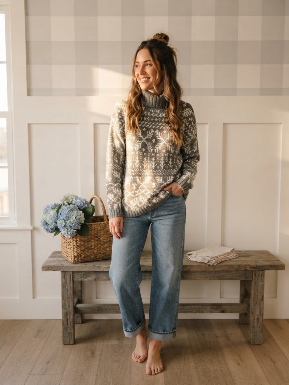 Cowl-Neck Fair Isle Sweater in Gray and Cream Medium